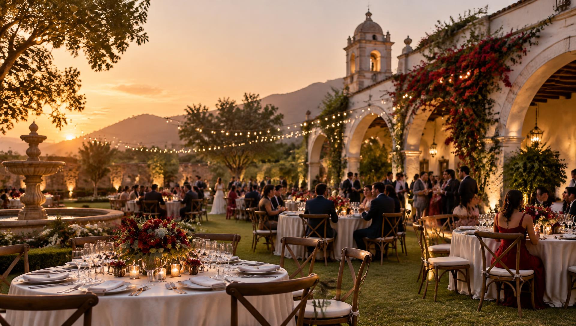 Recepción de boda en una hacienda al atardecer